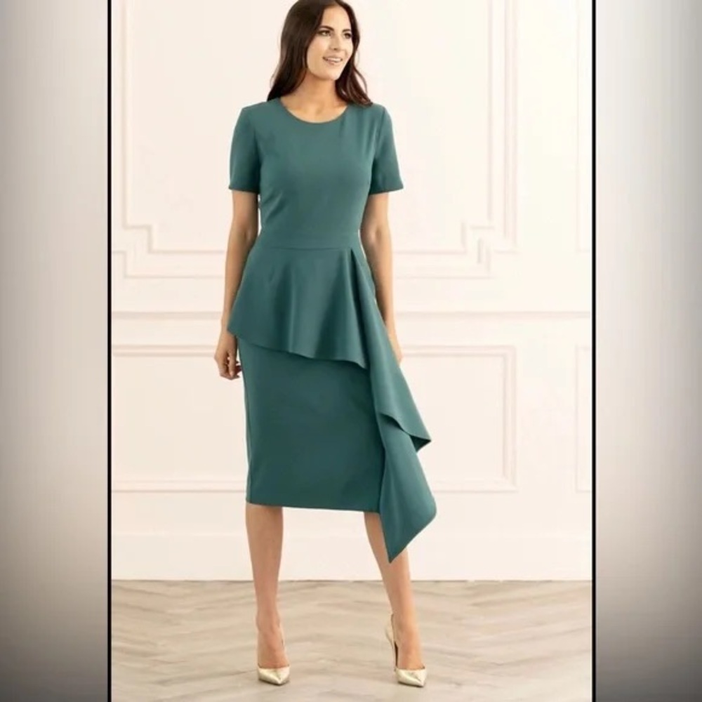 EUC Rachel Parcell Asymmetrical Cascading Ruffle Teal Dress with Short Sleeves